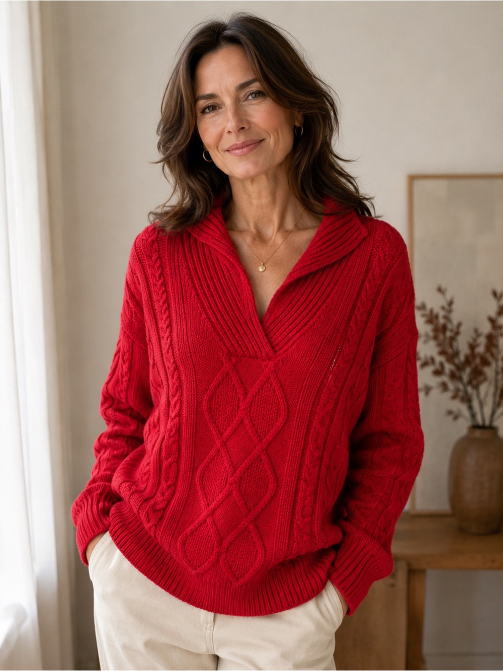Eddie Bauer Red Cable Knit V-Neck Pullover Sweater